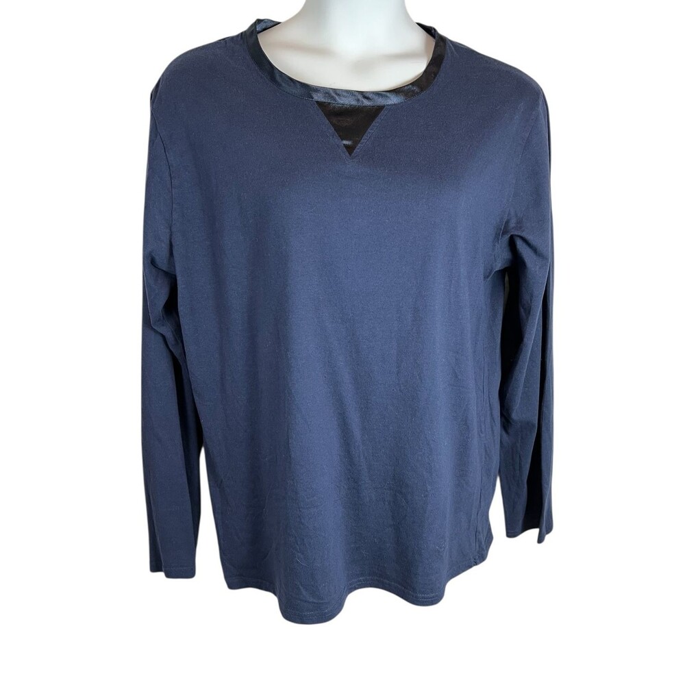 Temperly London Women's Navy Long Sleeve Knit Tee Top w Satin Trim Size L